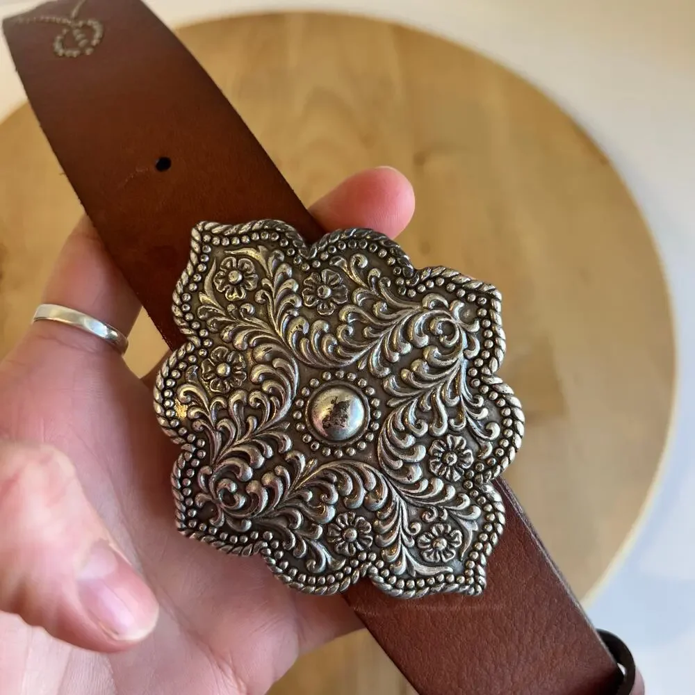 Fossil Brown Genuine Leather Silver Studded Indie Chunky Buckle Belt Size Medium